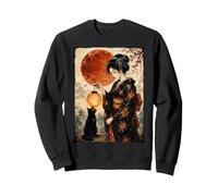 Lanterne Geisha élégante avec Chat Noir et Lune Rouge du Japon Sweatshirt