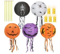 Lanterne Halloween, 5 Pièces Lanterne Halloween en Papier avec LED, Décoration de Lanternes en Papier pour Halloween, avec des Motifs de Citrouille, Chauve-souris et Araignée pour une Ambiance Festive