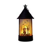 Lanterne LED pour Halloween - Veilleuse vintage effrayante, château de | Luminaire suspendu noir en ABS imprimé chauve-souris | Pour bureau, cheminée, fenêtre, porte, salutation