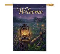 Lanterne lumineuse pour jardin de bienvenue rustique 71 x 101 cm | Lucioles, drapeau de pelouse, champs de lavande, clôture en bois rustique, horizon crépusculaire, esthétique rustique
