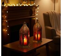 Lanterne Marocaine eSplanade | Lampe Suspendue en Verre coloré - Lot de 2 | Photophore | Décoration intérieure | Rouge-doré - 6,5 Pouces (Red-Golden)