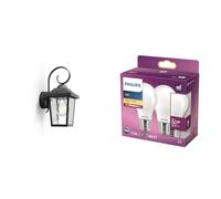 Lanterne murale vintage Philips myGarden Buzzard, pour l'extérieur, la maison & ampoule LED Standard E27 60W Blanc Chaud Dépolie, 2 Unité (Lot de 1), Verre