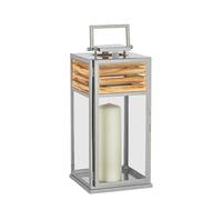 Lanterne Porte-Bougie en métal sur Sol ou Table chromée et Bois 20 x 21 x 44 cm