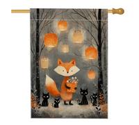 Lanterne renard d'automne pour jardin, bannière de décoration d'intérieur avec renard mignon orange et chats noirs, drapeau de cour double face en toile de jute pour décoration extérieure d'automne