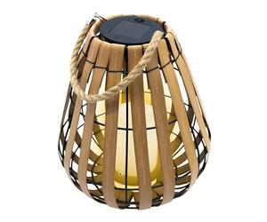 Lanterne solaire avec bougie LED en blanc chaud avec effet vacillant - 30 x 25 cm - Lampe de jardin aspect bois avec cordon en jute à suspendre - Éclairage décoratif de jardin Lampe solaire Lampe