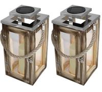Lanterne Solaire Chic en Bois Naturel et INOX Effet Bougie LED Blanc Chaud Oaky H28cm (Lot de 2)