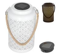 Lanterne solaire LED « Fleurs » | Blanc chaud Fer Plastique 15,5 x 25 cm Blanc | Lampe d'extérieur à anse motif floral estampée (1 x lanterne solaire à LED)