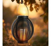 Lanterne solaire XXL avec bougie LED blanc chaud et piquet de terre - 43 x 38 cm - Grande boule lumineuse de jardin en rotin