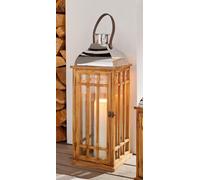 Lanterne "Wood" en bois & verre, 60 cm de haut, lanterne en bois avec anse & toit métallique, étanche au vent, lanterne de sol, lanterne à bougie
