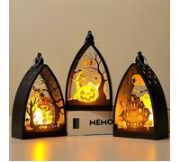 Lanternes décoratives d'Halloween - Lot de 3 - Motifs citrouille/squelette/château - LED sans flamme - À piles