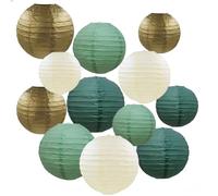 Lanternes en Papier AUEJACKY 12 Lanterne Papier Chinoise, Abat Jour Papier pour Mariages, Anniversaires, Fêtes Prénatales Et Jardins, Les Tailles sont De 15/20/25 CM. (Vert Or Couleur crème)