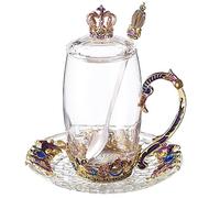 LANTREE Tasses à thé violettes pour femme avec couvercle, cuillère, soucoupe, couronne, tasse à café en verre, cadeau de fête des mères, Thanksgiving, Noël (couronne de 350 ml)