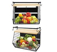 LANTUS Corbeille à Fruits Suspendue,Panier a Fruit de Mural,Panier Corbeille a Fruit Murale pour la Cuisine,avec Couvercle en Bois,pour Rangement Fruits et Légumes,35 * 17 * 29,5 cm (Deux) Noir