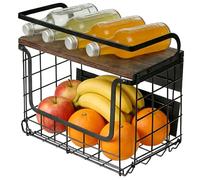 LANTUS Corbeille à Fruits Suspendue,Panier a Fruit de Mural,Panier Corbeille a Fruit Murale pour la Cuisine,avec Couvercle en Bois,pour Rangement Fruits et Légumes,30,5 x 16 x 26 (2 pièces) Noir