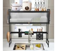 LANTUS Égouttoir à Vaisselle au-Dessus de l'évier à 2 Niveaux Antirouille avec Porte-ustensiles et Support pour Planche à découper pour Rangement et Organisation de Cuisine (85 * 30 * 78cm-Noir)