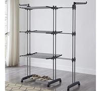 LANTUS Étendoir Linge Intérieur sur 3 Niveau, Séchoir à Linge Extensible Réglable, Tancarville Grand Capacité, avec 6 Roues de Frein de Stationnement à 360°,75-142.5*64*170cm (Gris)