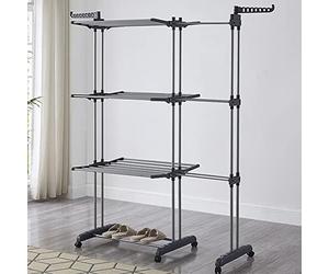 LANTUS Étendoir Linge Intérieur sur 3 Niveau, Séchoir à Linge Extensible Réglable, Tancarville Grand Capacité, avec 6 Roues de Frein de Stationnement à 360°,75-142.5*64*170cm (Gris)