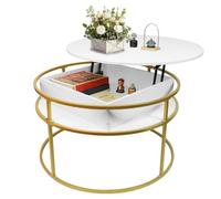 LANTUS Table Basse Relevable,Table d'Appoint Ronde à 2 NiveauxBout de Canapé Ronde Guéridon, Style Moderne, Petite Multifonction pour Canapé, lit,60 x 60 x 47 cm (Blanc et doré)