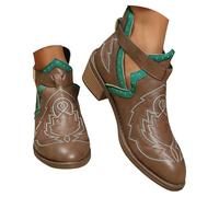 Lanunlly Bottines pour femme à talon bas Cowboy Bottes brodées minimalistes rétro Bottes courtes originales Chaussures confortables Boots Fête Bottines antidérapantes vintage élégantes pour automne