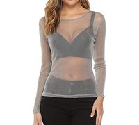 Lanunlly Chemisier transparent sexy et élégant en dentelle en maille avec col rond et maille noire pour femme, gris, XL