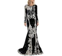 Lanunlly Costume Halloween Femme Robe à motif squelette Gothique Steampunk | Deguisement Halloween Taille haute Coupe ajustée Gothique Steampunk Vintage Idéal Pour Reine Toussaint Drame Cosplay Soirée