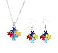 LANWLOSI Collier et boucles d'oreilles de sensibilisation à l'autisme pour femmes et hommes - Collier avec pendentif en forme de pièce de puzzle de sensibilisation à l'autisme - Bijoux cadeaux, Zinc