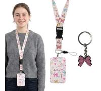 Lanyard avec porte-carte pour adolescentes filles, Breakaway sécurité longueur fixe porte-badge porte-cartes d'identité en plastique pour bus scolaire, avec un porte-clés (Bow & Be Kind)