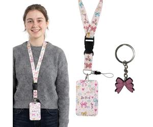 Lanyard avec porte-carte pour adolescentes filles, Breakaway sécurité longueur fixe porte-badge porte-cartes d'identité en plastique pour bus scolaire, avec un porte-clés (Bow & Be Kind)