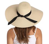 Lanzom Chapeau de paille pliable à large bord pour femme 14 cm UPF 50+ - - Taille unique