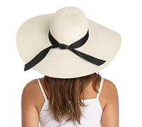 Lanzom Chapeau de paille pliable à large bord pour femme 14 cm UPF 50+ - - Taille unique