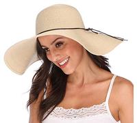Lanzom Chapeau de paille pour femme - 14 cm - Pliable - Enroulable - UPF 50+ - beige - Taille unique