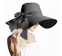 Lanzom Chapeau de paille pour femme de 14 cm avec grand nœud - Pliable - Protection UPF 50+, noir, Taille unique