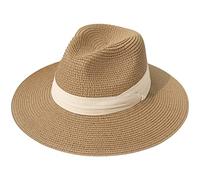 Lanzom Chapeau de plage Fedora à large bord en paille, UPF50+, Panama pour femme, beige/marron, M (taille unique)