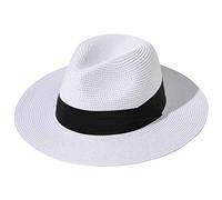 Lanzom Chapeau de plage Fedora à large bord en paille, UPF50+, Panama pour femme, blanc, M (taille unique)