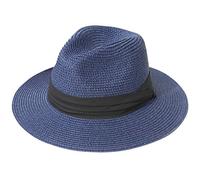 Lanzom Chapeau de plage Fedora à large bord en paille, UPF50+, Panama pour femme, bleu, M (taille unique)