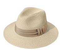 Lanzom Chapeau de Plage Fedora à Large Bord en Paille, UPF50+, Panama pour Femme, Kaki, S/Taille Unique