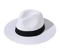 Lanzom Chapeau de plage Fedora à large bord en paille, UPF50+, Panama pour femme, Taille unique