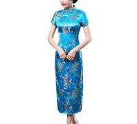 Laogudai Robe Asiatique Style Chinois Femme à Manche Courte Cheongsam Qipao Longue Robe Traditionnelle Chinoise Col Montant pour Soirée Cérémonie Cocktail 46 Bleu