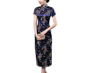 Laogudai Robe Asiatique Traditionnelle Femme Longue Robe Chinoise Qipao Motif Dragon et Phénix Col Montant Cheongsam Qipao à Manche Courte pour Soirée Cérémone Cocktail 44 Bleu foncé
