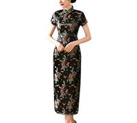 Laogudai Robe Traditionnelle Chinoise Qipao Longue Asiatique Col Montant Rétro Cheongsam Motif Dragon et Phénix pour Soirée Cocktail 40 Noir
