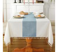 Laolitou Nappe rectangulaire rustique pour table de salle à manger, table de cuisine, table basse, en coton et lin, beige à rayures bleues, 140 x 260 cm