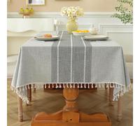 Laolitou Nappe Rustique rectangulaire en Coton et Lin - Imperméable - en Toile de Jute - pour Table de Cuisine et Salle à Manger - Lignes Grises - 140 x 178 cm - 4 à 6 Places