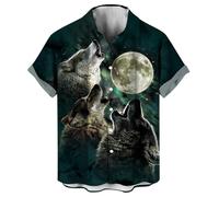 LAOLIUSN Chemise fantaisie loup à manches courtes avec boutons, gris, XX-Large