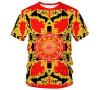LAOLIUSN T-shirt imprimé doré brillant pour homme - Thème doré orné, t-shirt graphique floral, noir/rouge, Taille S