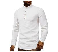 LAOLUO Chemise Coton Lin Manches Longues Homme Col Mao Chemises Casual Simple Mode Tendance Slim Fit Shirt Couleur Unie Noir Bleu Blanche Rouge Gris à 4 Boutons Haut Automne-Hiver Grande Taille Top