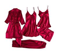 LAOLUO Ensemble de Pyjama Femme Sexy Satin Lingerie Confortable, Robe de Chambre Peignoir de Satin avec Ceinture, Bretelle Nuisette Chemise de Nuit, Hauts, Shorts, Pantalon, Lot de 3/4/5, Multicolore