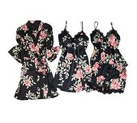 LAOLUO Ensemble de Pyjama Femme Sexy Satin Lingerie Confortable, Robe de Chambre Peignoir de Satin avec Ceinture, Bretelle Nuisette Chemise de Nuit, Hauts, Shorts, Pantalon, Lot de 3/4/5