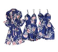 LAOLUO Ensemble de Pyjama Femme Sexy Satin Lingerie Confortable, Robe de Chambre Peignoir de Satin avec Ceinture, Bretelle Nuisette Chemise de Nuit, Hauts, Shorts, Pantalon, Lot de 3/4/5