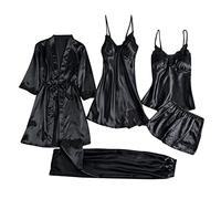 LAOLUO Ensemble de Pyjama Femme Sexy Satin Lingerie Confortable, Robe de Chambre Peignoir de Satin avec Ceinture, Bretelle Nuisette Chemise de Nuit, Hauts, Shorts, Pantalon, Lot de 3/4/5