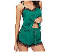 LAOLUO Ensemble de Pyjama Satin Femme Dentelle Caraco et Short 2PC Bretelles Chemise de Nuit Lisse Confortable Doux sous-vêtements et Culotte Deshabillés Grande Taille Sexy Col V Home Nuisettes